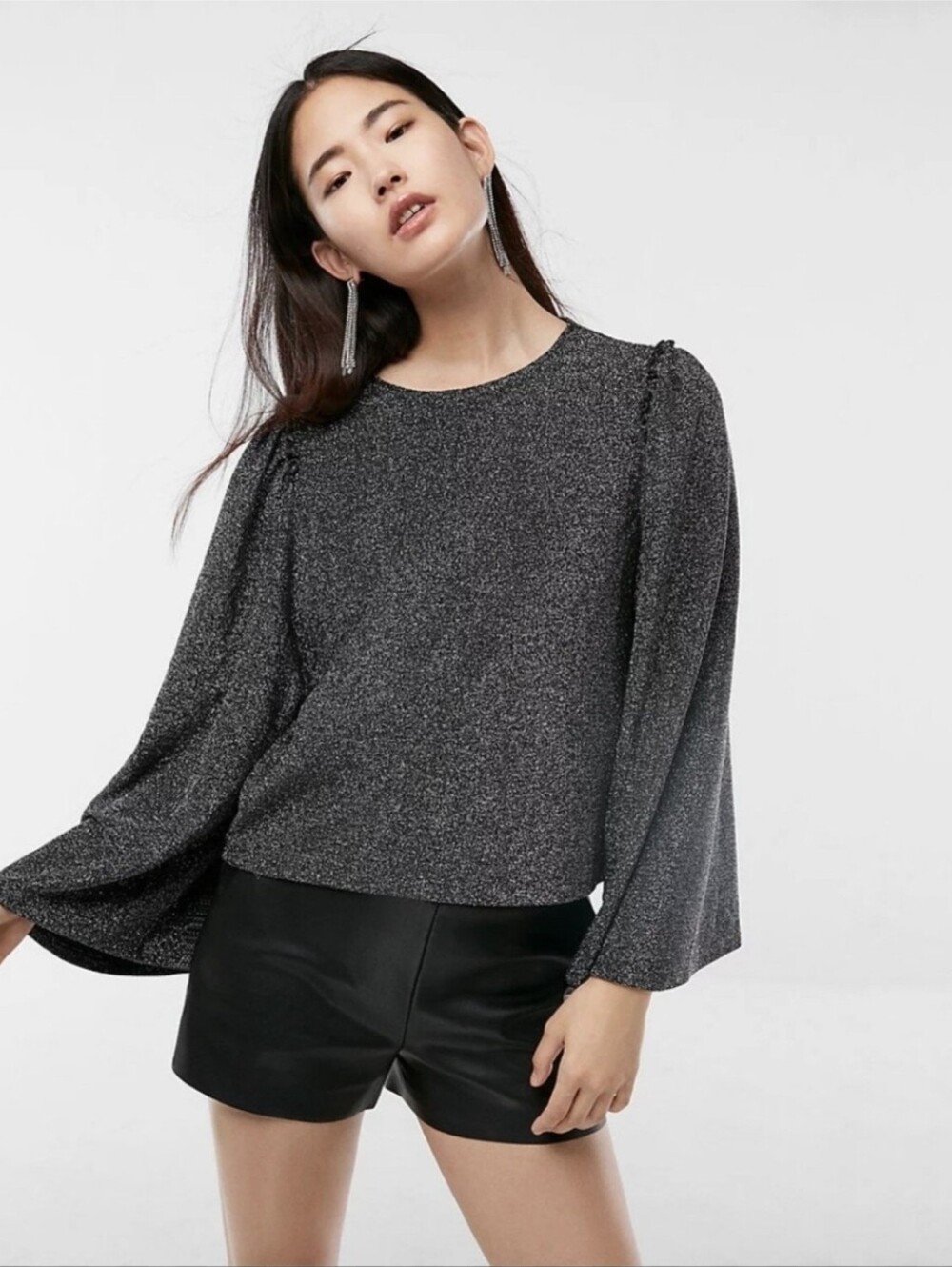NWT Express Shimmery Black Metallic Long Sleeve Top Size L